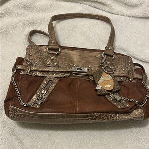 Brown Croc-Embossed Shoulder Bag